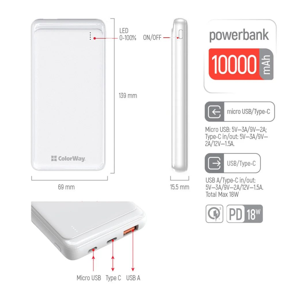 УМБ ColorWay 10000 mAh Slim 18W White (CW-PB100LPG3WT-PD)