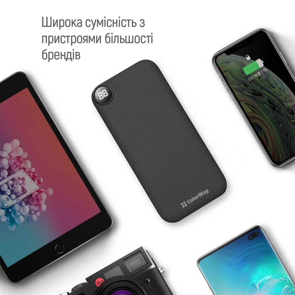 УМБ ColorWay Power Bank 10000 mAh LCD (USB QC3.0 + USB-C Power Delivery 22.5W) Black (CW-PB100LPI3BK-PDD)