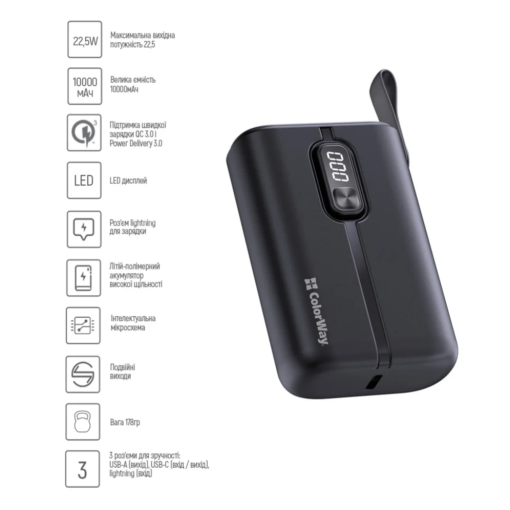 УМБ ColorWay Power Bank 10000 mAh Full power (USB QC3.0 + USB-C Power Delivery 22.5W) Black (CW-PB100LPK2BK-PDD)