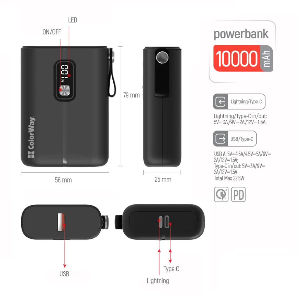 УМБ ColorWay Power Bank 10000 mAh Full power (USB QC3.0 + USB-C Power Delivery 22.5W) Black (CW-PB100LPK2BK-PDD)