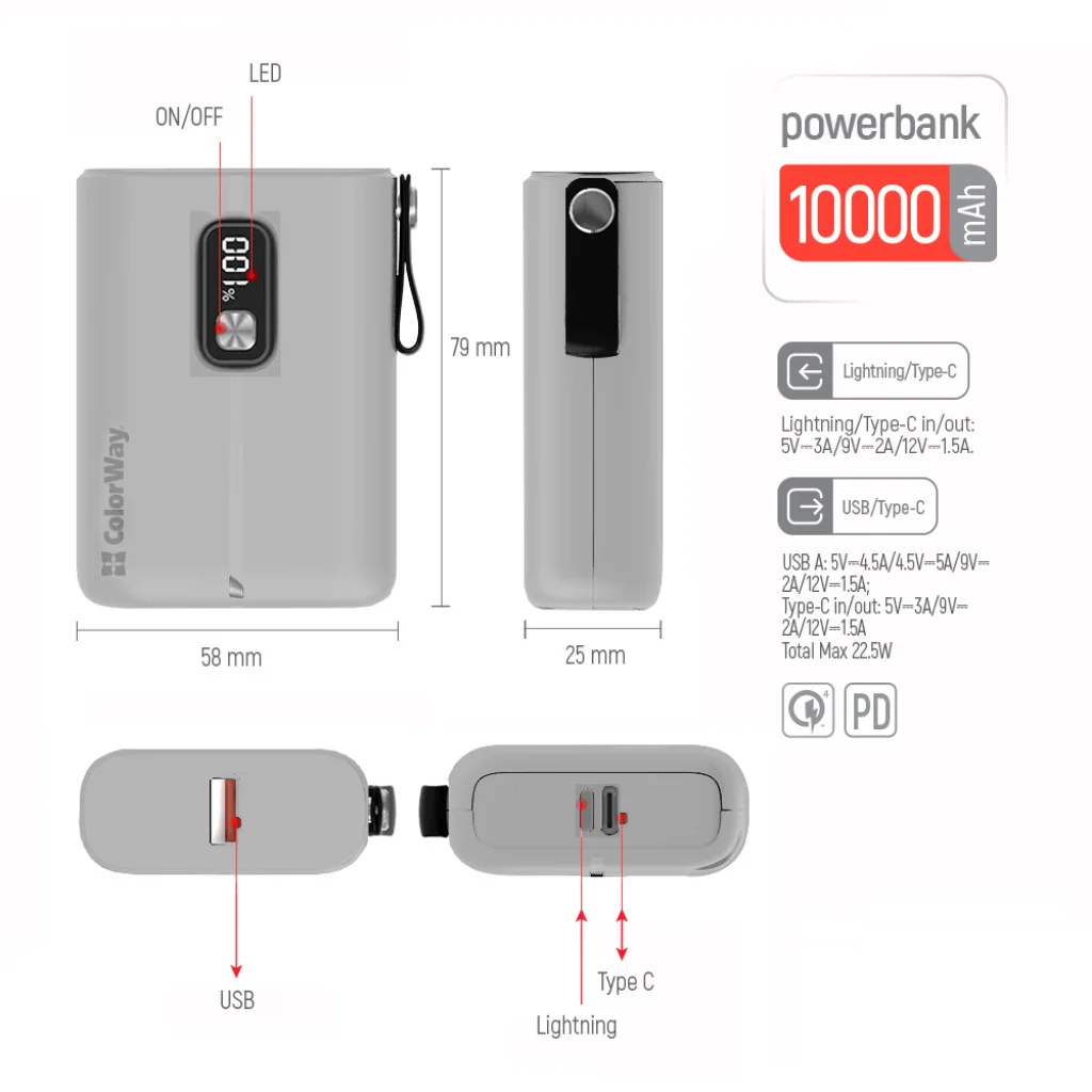 УМБ ColorWay Power Bank 10000 mAh Full power (USB QC3.0 + USB-C Power Delivery 22.5W) White (CW-PB100LPK2WT-PDD)
