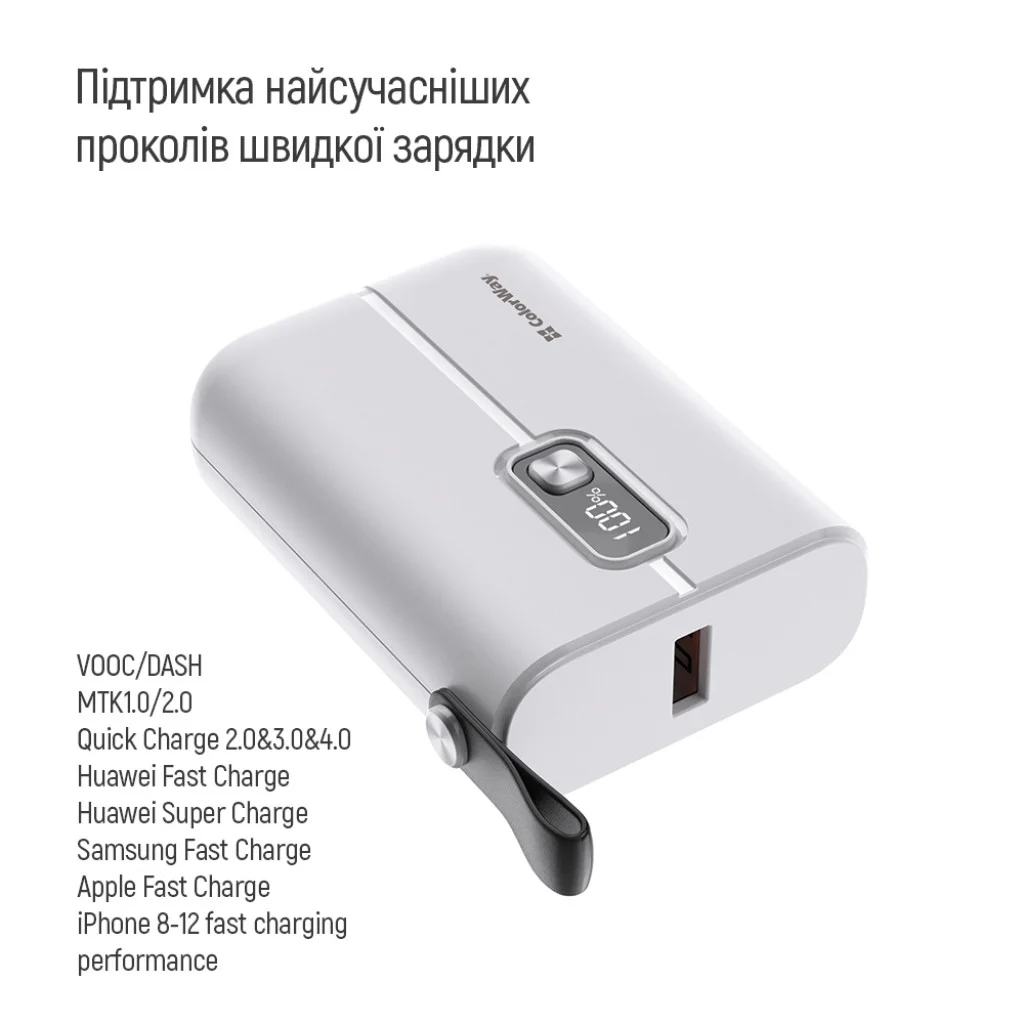 УМБ ColorWay Power Bank 10000 mAh Full power (USB QC3.0 + USB-C Power Delivery 22.5W) White (CW-PB100LPK2WT-PDD)