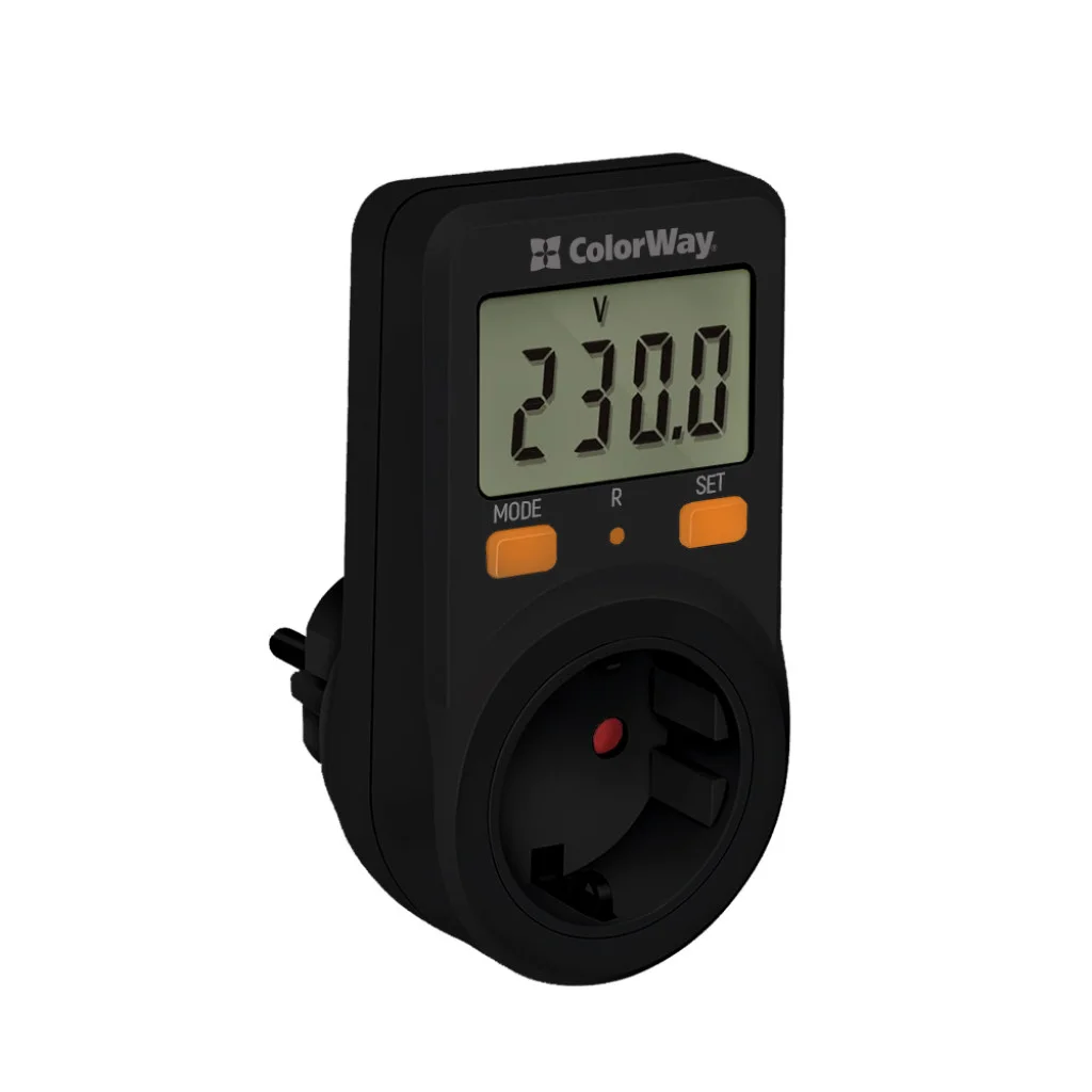 Энергометр цифровой (W/V/A/C/Hz/KWh) СolorWay для розетки (16A/3680W) (CW-VM16-01D)