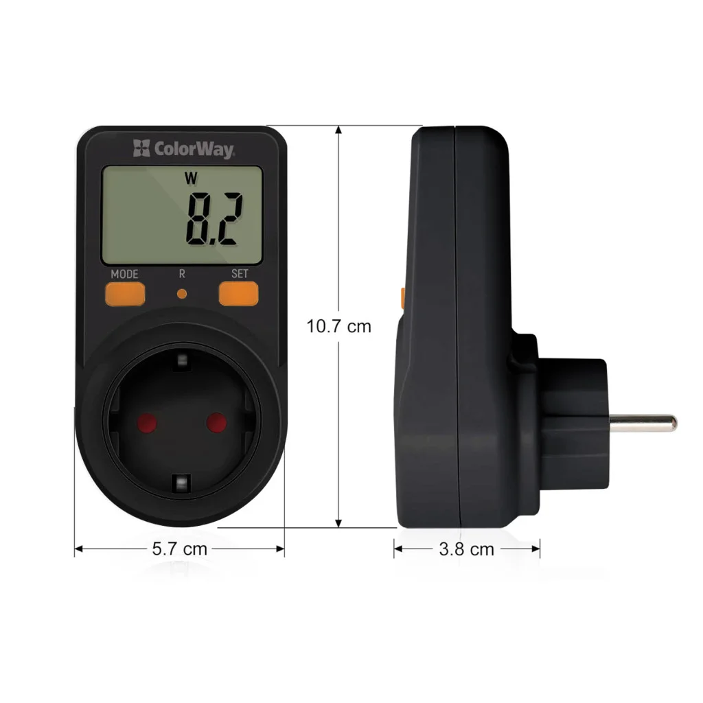 Энергометр цифровой (W/V/A/C/Hz/KWh) СolorWay для розетки (16A/3680W) (CW-VM16-01D)