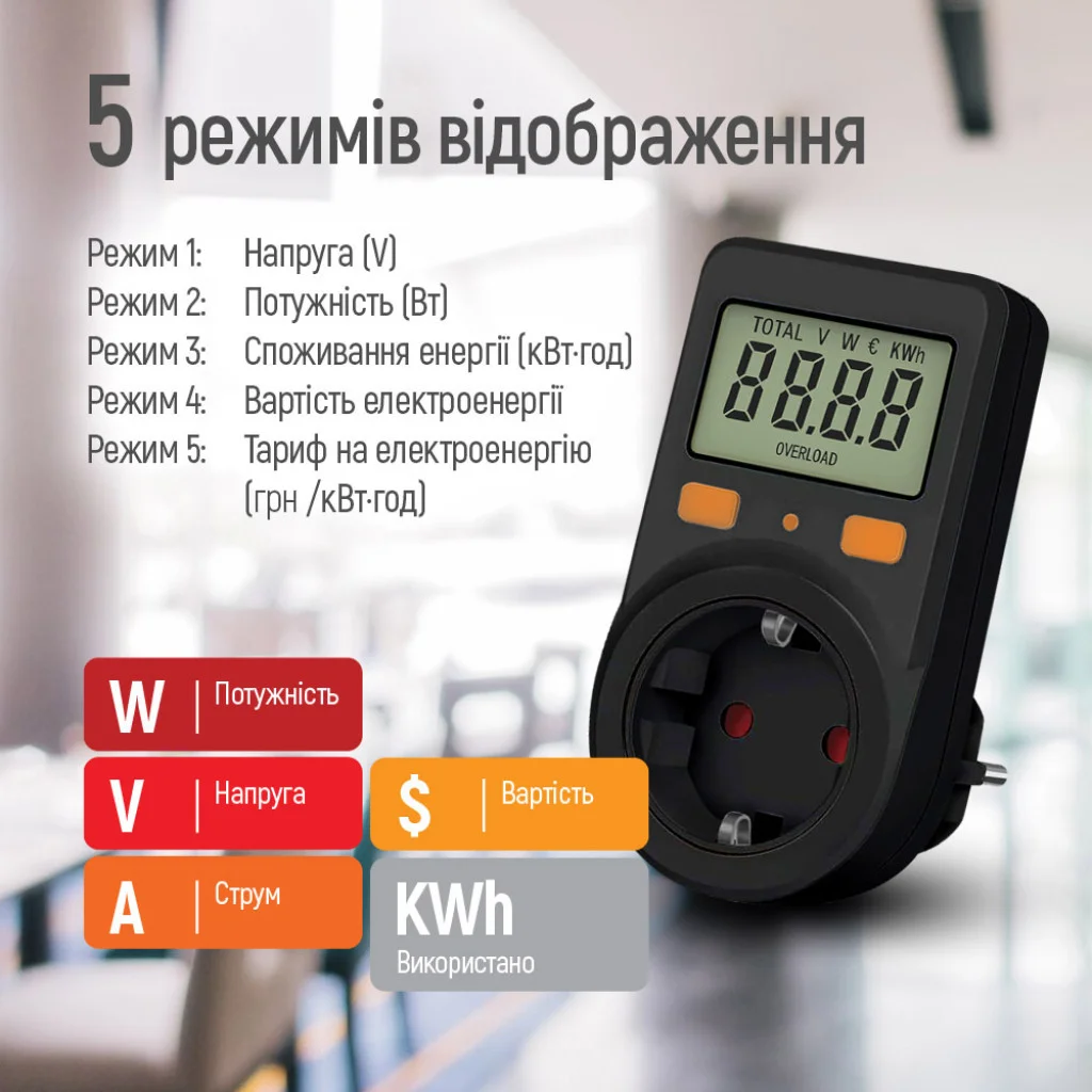 Энергометр цифровой (W/V/A/C/Hz/KWh) СolorWay для розетки (16A/3680W) (CW-VM16-01D)