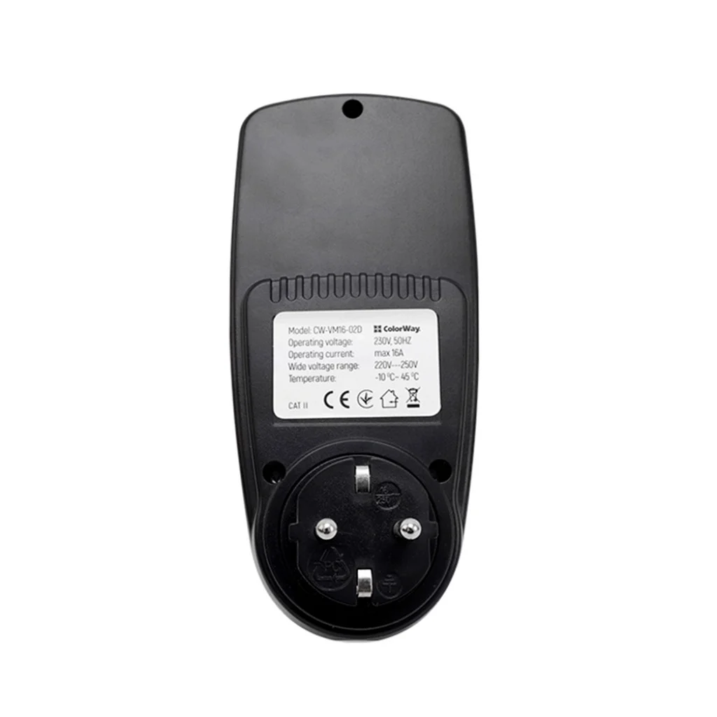 Энергометр цифровой (W/V/A/C/Hz/KWh) СolorWay для розетки (16A/3680W) (CW-VM16-02D)