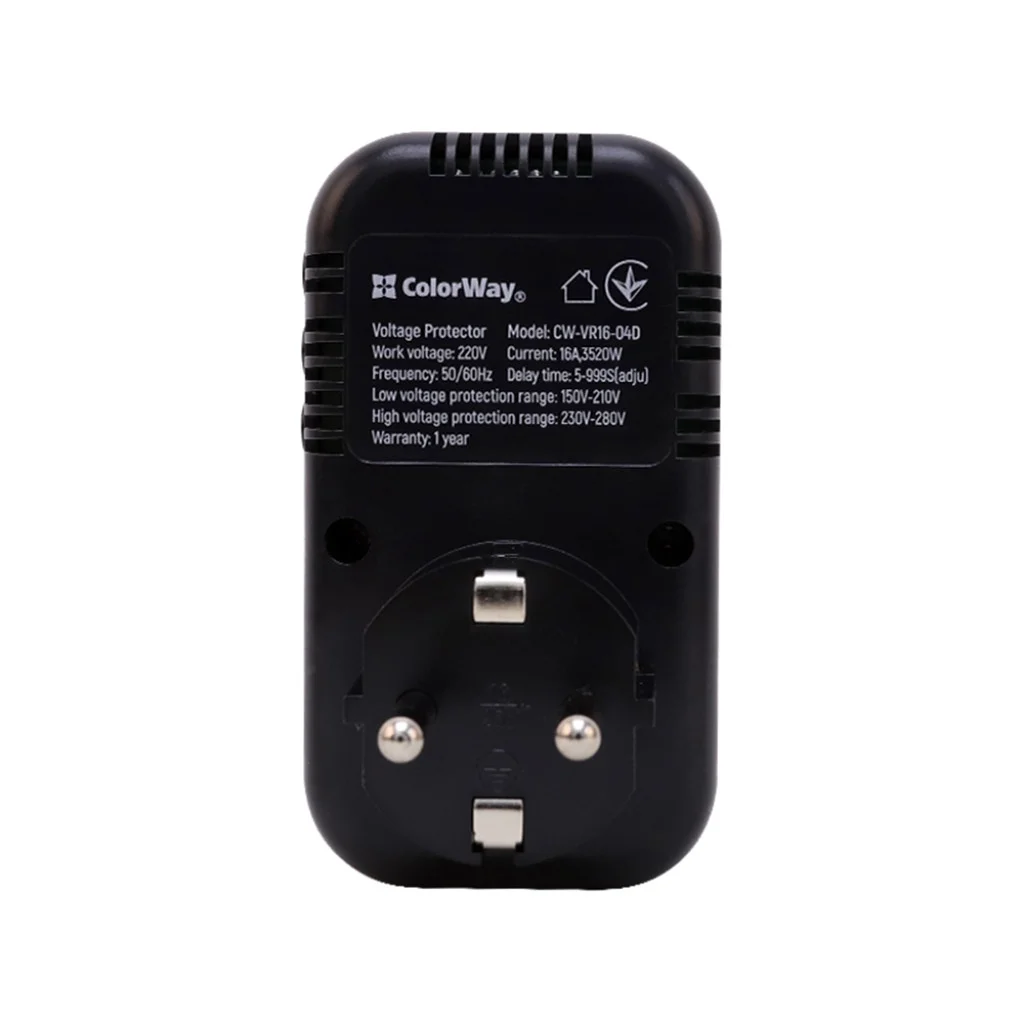 Реле напруги ColorWay (16A/3680W) 150V-210V/230V-280V DS2 Black (CW-VR16-04D)