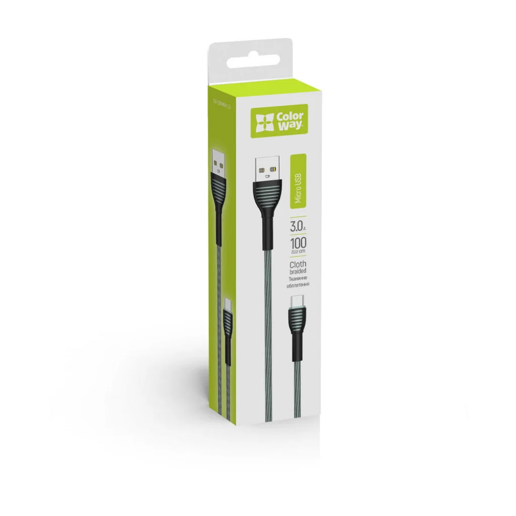 Кабель ColorWay USB — MicroUSB (braided cloth) 3 А 1 м Grey (CW-CBUM041-GR)