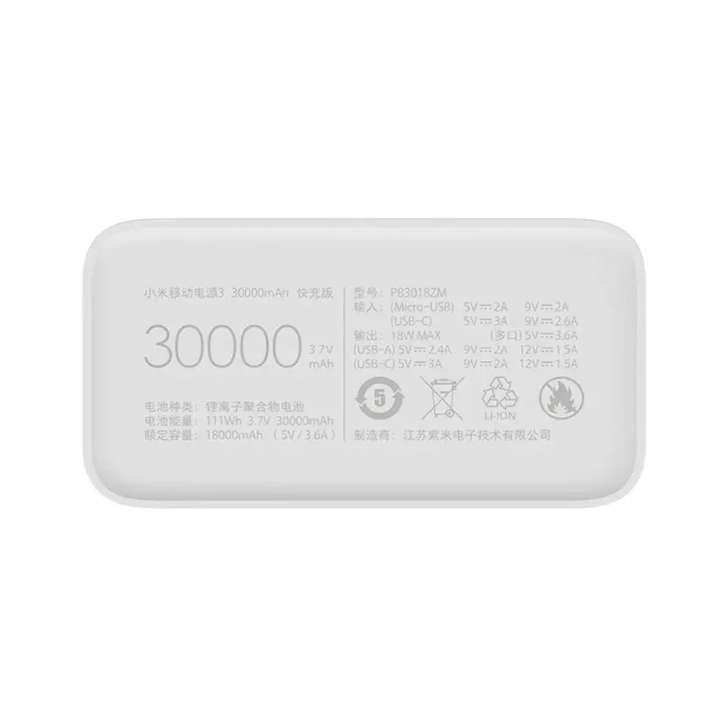 Внешний аккумулятор Xiaomi Mi Power Bank 3 30000mAh 24W Fast Charge PB3018ZM White (VXN4307CN)