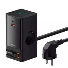 Мережевий зарядний пристрій Baseus PowerCombo Digital PowerStrip 2AC+1U+1C+Retractable-C 65W with 1.5m power cord EU Black
